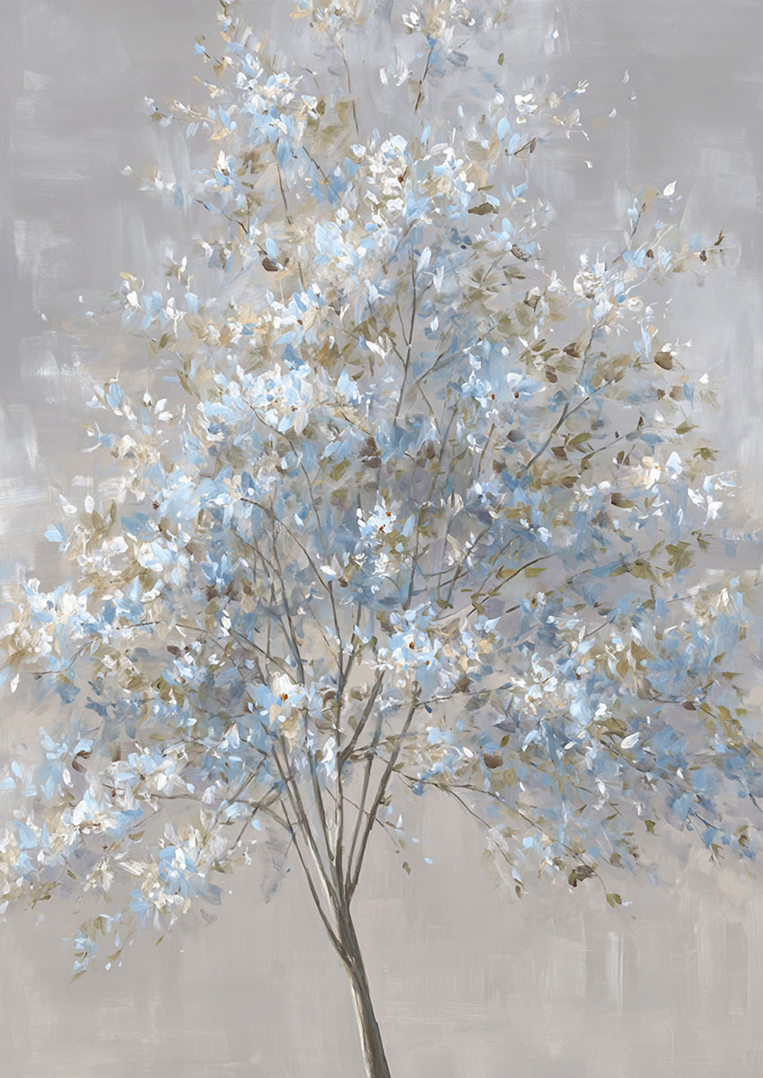 Elegant artwork of blue tree flowers against a neutral background